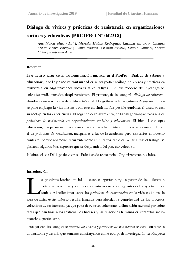 Diálogo de vivires y prácticas de resistencia en organizaciones sociales y educativas