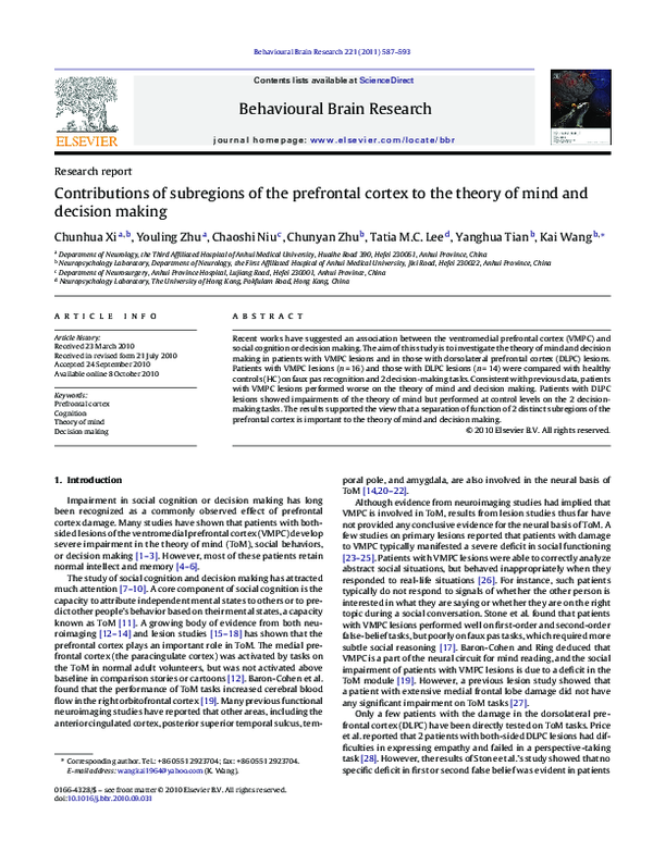(PDF) Contributions of subregions of the prefrontal cortex to the ...