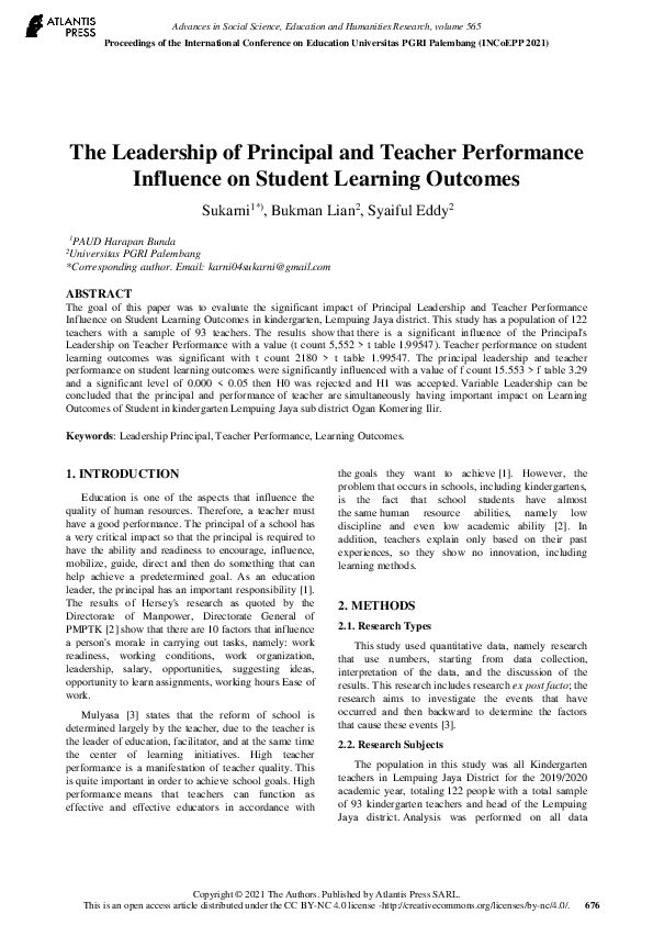 (PDF) The Leadership of Principal and Teacher Performance Influence on ...