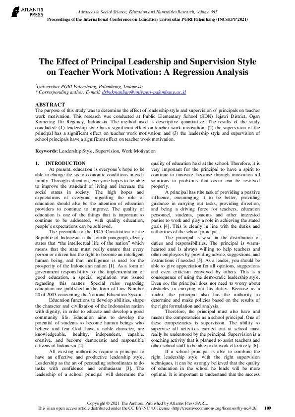 (PDF) The Effect of Principal Leadership and Supervision Style on ...