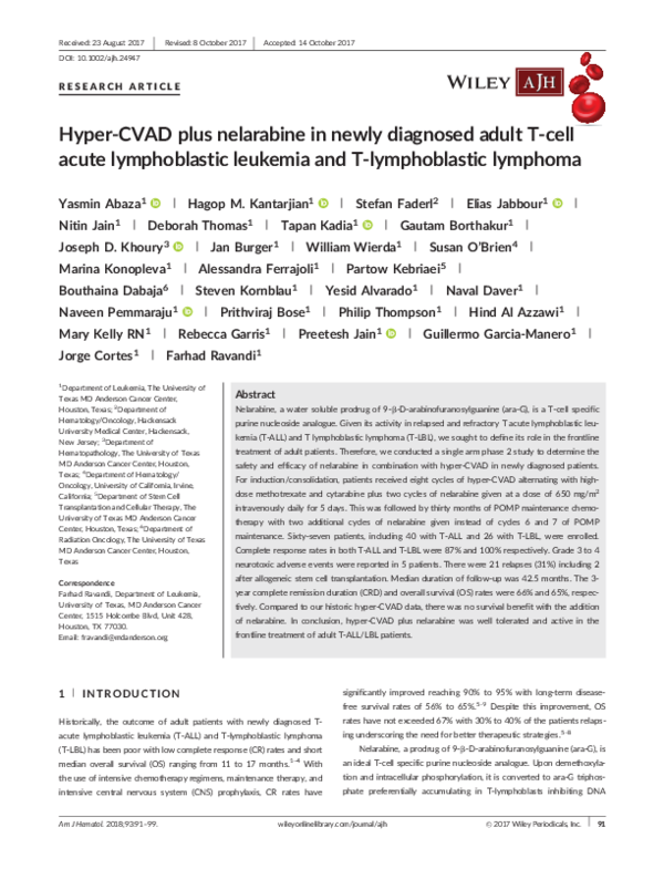 (PDF) Hyper-CVAD plus nelarabine in newly diagnosed adult T-cell acute ...