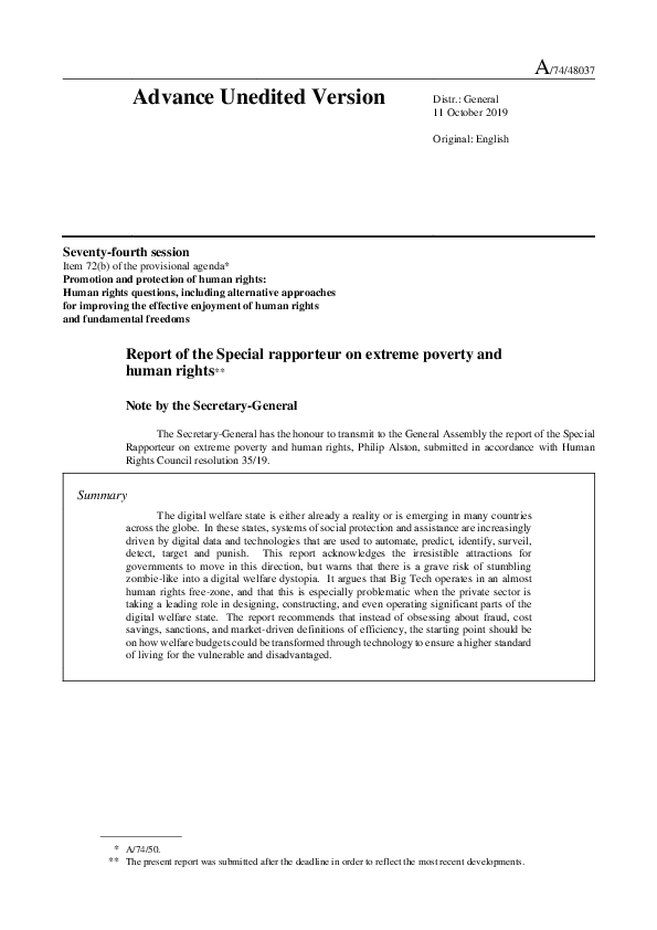 (PDF) Report of the Special Rapporteur on Extreme Poverty and Human Rights