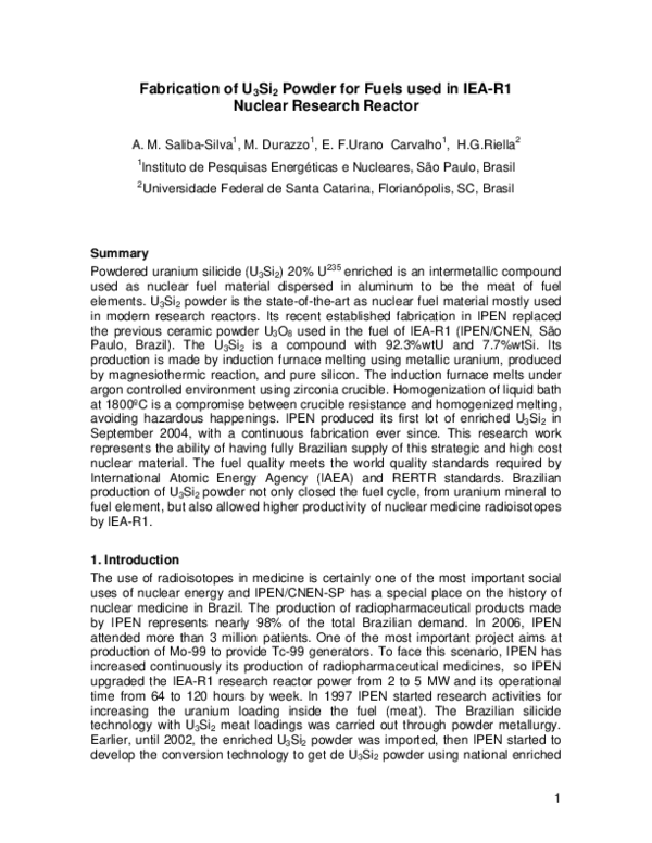 (PDF) Fabrication of U 3 Si 2 Powder for Fuels Used in IEA-R1 Nuclear ...