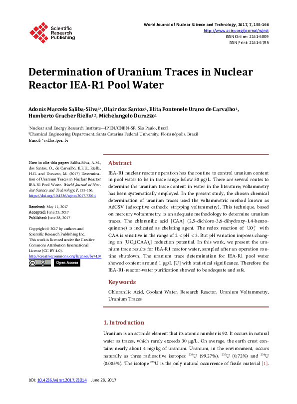 (PDF) Determination of Uranium Traces in Nuclear Reactor IEA-R1 Pool Water