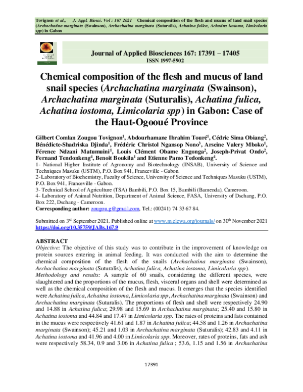 (PDF) Chemical composition of the flesh and mucus of land snail species ...