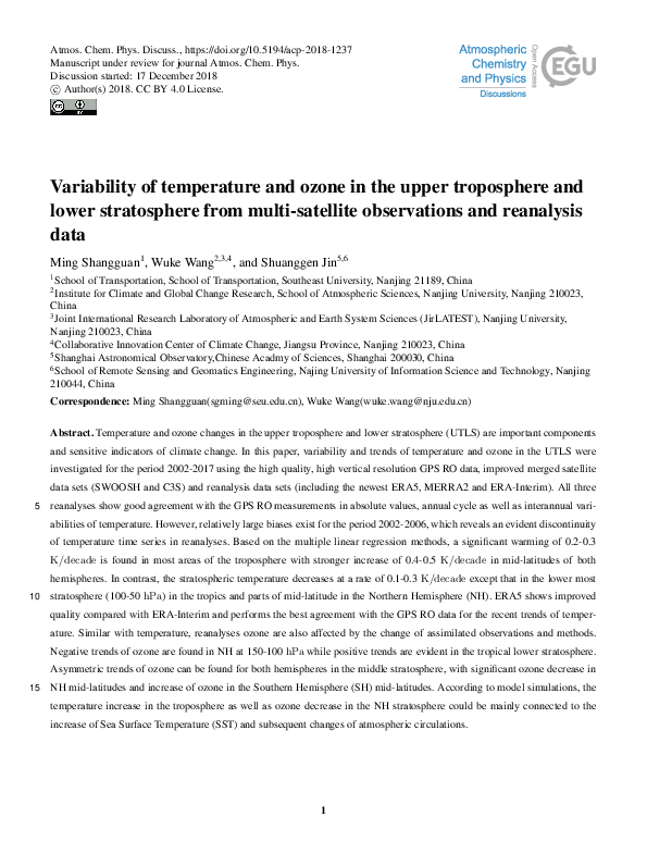 (PDF) Variability of temperature and ozone in the upper troposphere and ...