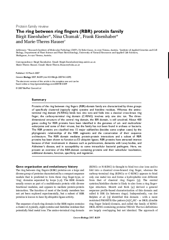 (PDF) The ring between ring fingers (RBR) protein family