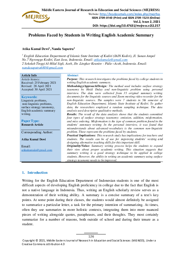 (PDF) Problems Faced By Students in Writing English Academic Summary