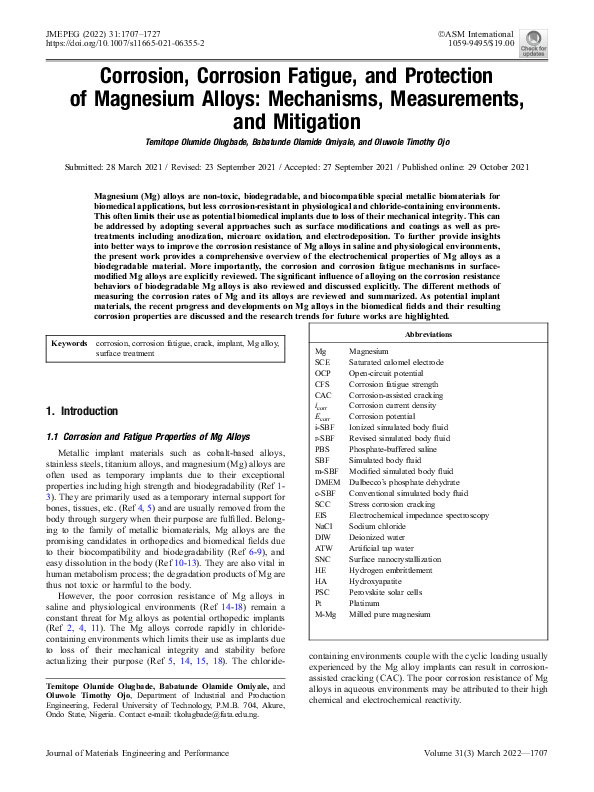 (PDF) Corrosion, Corrosion Fatigue, and Protection of Magnesium Alloys ...