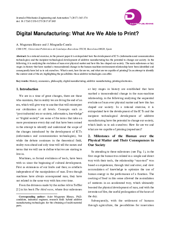 (PDF) Digital Manufacturing: What Are We Able to Print?