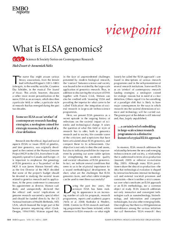 (PDF) What is ELSA genomics? Science & Society Series on Convergence ...