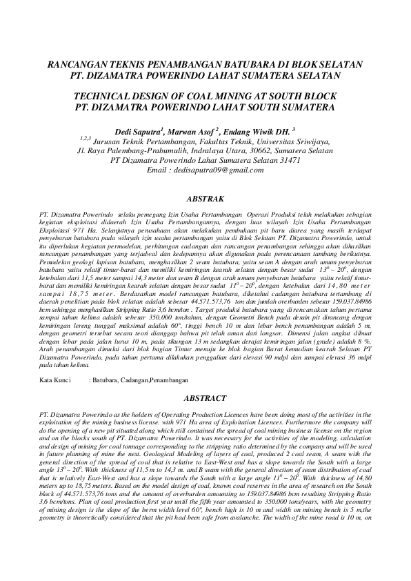 Pdf Rancangan Teknis Penambangan Batubara Di Blok Selatan Pt