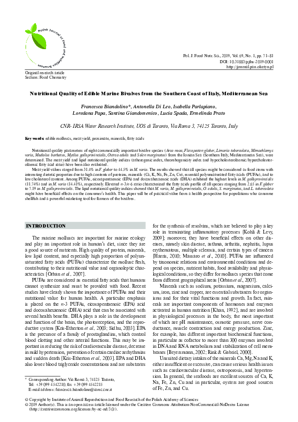 (PDF) Nutritional Quality of Edible Marine Bivalves from the Southern