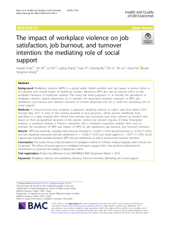 (PDF) The impact of workplace violence on job satisfaction, job burnout ...