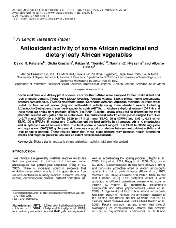 (PDF) Antioxidant activity of some African medicinal and dietary leafy ...