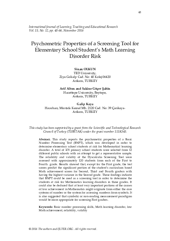 (PDF) Psychometric Properties of a Screening Tool for Elementary School ...
