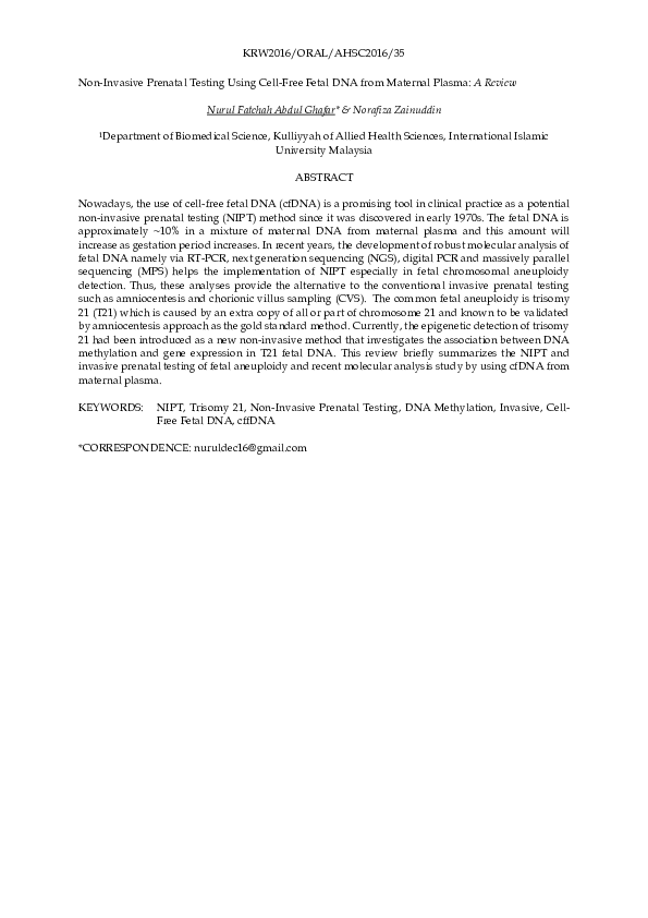 (PDF) Non-Invasive Prenatal Testing Using Cell-Free Fetal DNA from ...