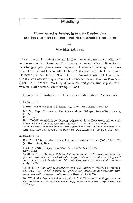 Pommersche Analecta in den Beständen der hessischen Landes- und Hochschulbibliotheken