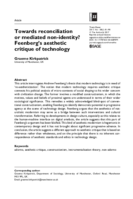 (PDF) Towards reconciliation or mediated non-identity? Feenberg’s ...