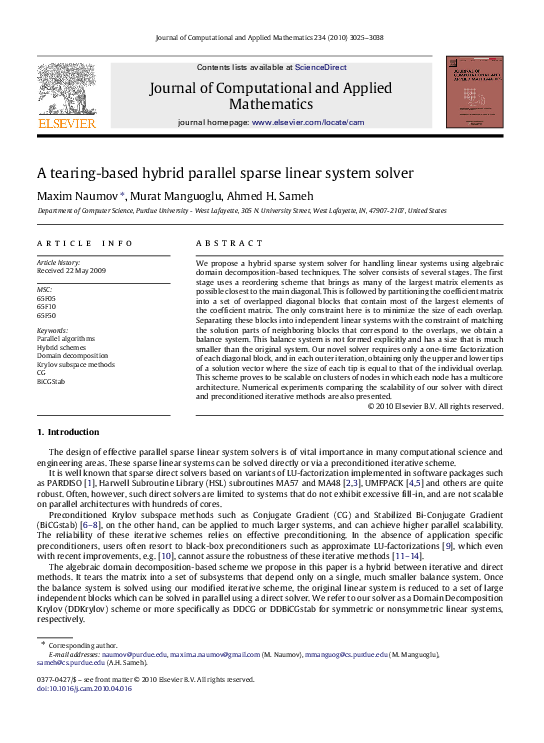 (PDF) A tearing-based hybrid parallel sparse linear system solver