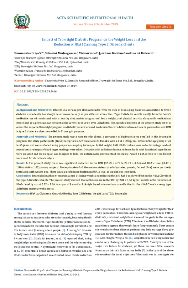 (PDF) Impact of Truweight Diabetic Program on the Weight Loss and the ...