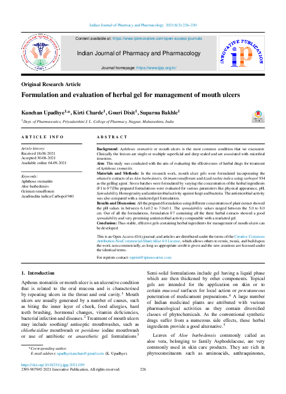 (PDF) Formulation and evaluation of herbal gel for management of mouth ...