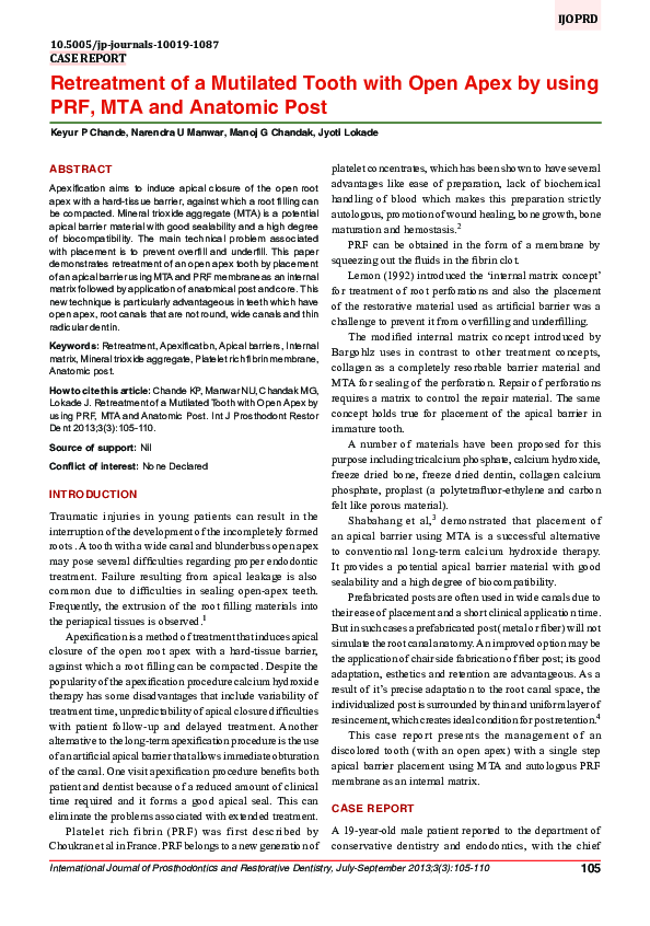 (PDF) Retreatment of a Mutilated Tooth with Open Apex by using PRF, MTA ...