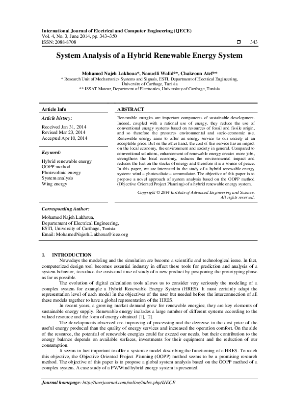 (PDF) System Analysis of a Hybrid Renewable Energy System