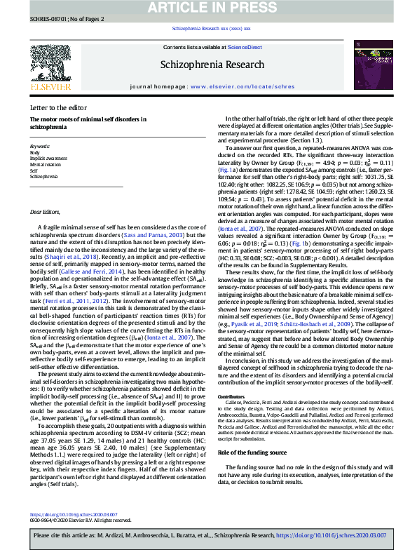 (PDF) The motor roots of minimal self disorders in schizophrenia ...