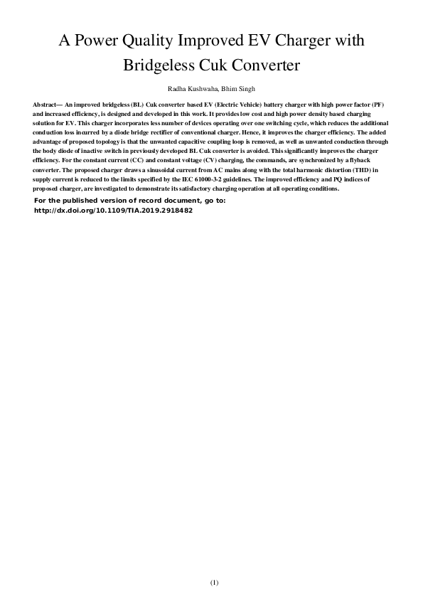 (PDF) A Power Quality Improved EV Charger with Bridgeless Cuk Converter
