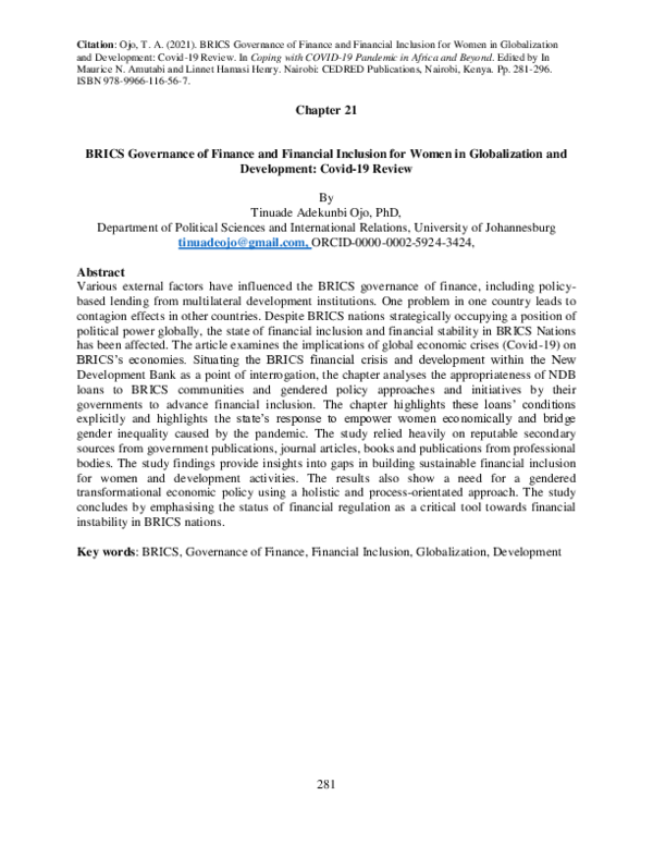 (PDF) BRICS Governance of Finance and Financial Inclusion for Women in ...