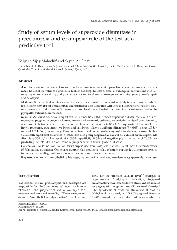 (PDF) Study of serum levels of superoxide dismutase in preeclampsia and ...
