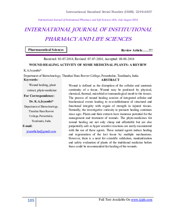 (PDF) Wound Healing Activity of Some Medicinal Plants A Review