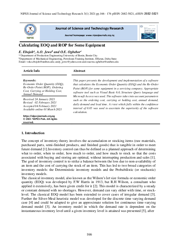 (PDF) Calculating EOQ and ROP for Some Equipment