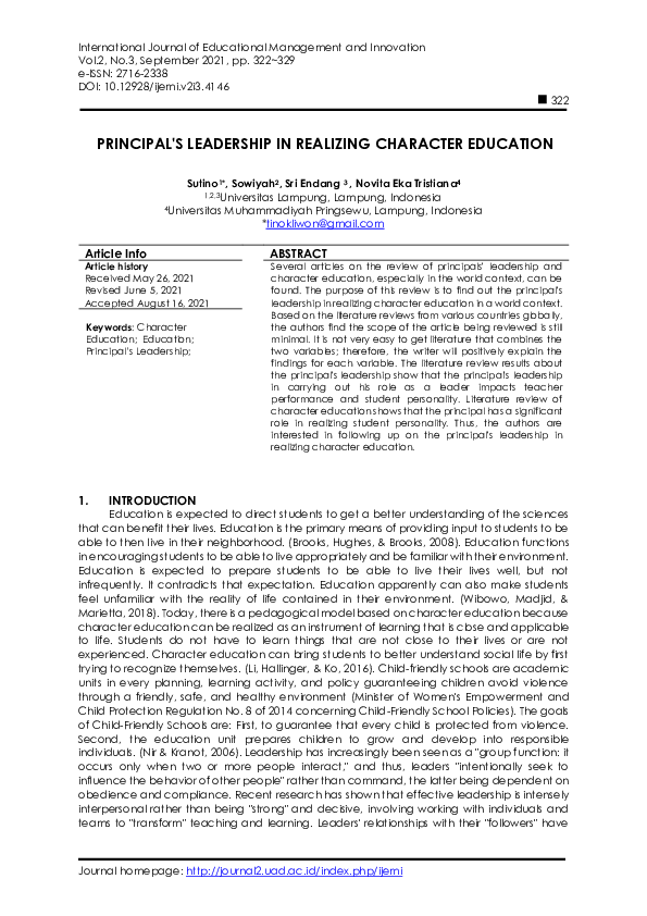 (PDF) Principal's Leadership in Realizing Character Education
