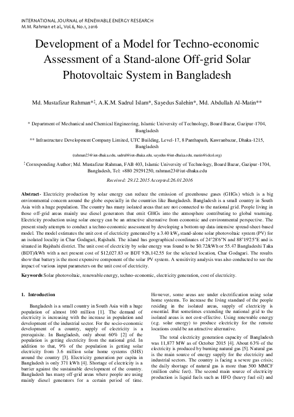 (PDF) Development of a Model for Techno-economic Assessment of a Stand ...