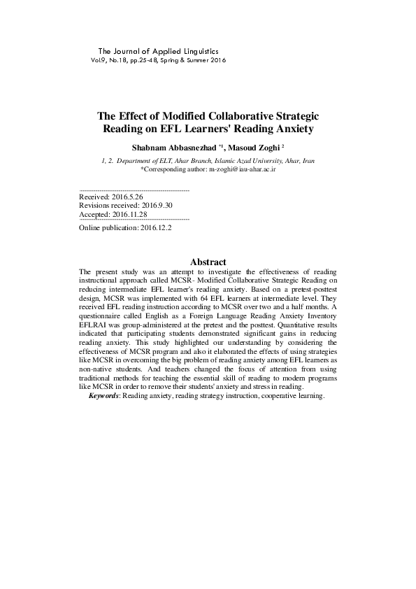 (PDF) The Effect of Modified Collaborative Strategic Reading on EFL ...