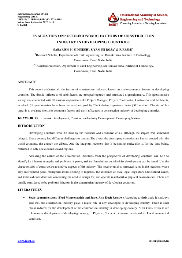 (PDF) EVALUATION ON SOCIO-ECONOMIC FACTORS OF CONSTRUCTION INDUSTRY IN ...