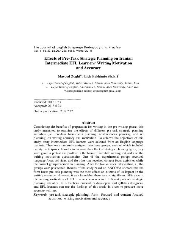 (PDF) Effects of Pre-Task Strategic Planning on Iranian Intermediate ...