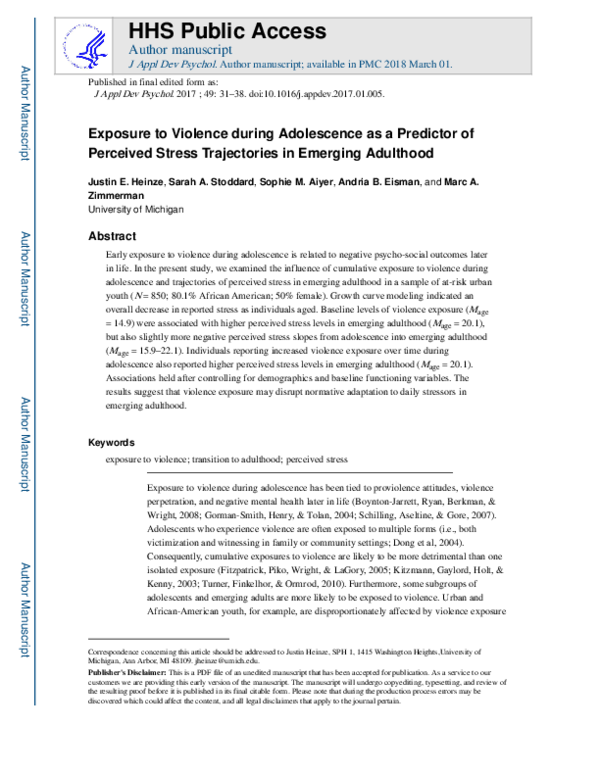 (PDF) Exposure to violence during adolescence as a predictor of ...