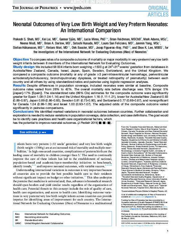 (PDF) Neonatal Outcomes of Very Low Birth Weight and Very Preterm ...