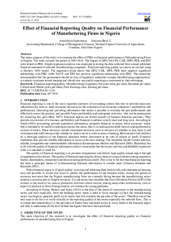 (PDF) Effect of Financial Reporting Quality on Financial Performance of ...