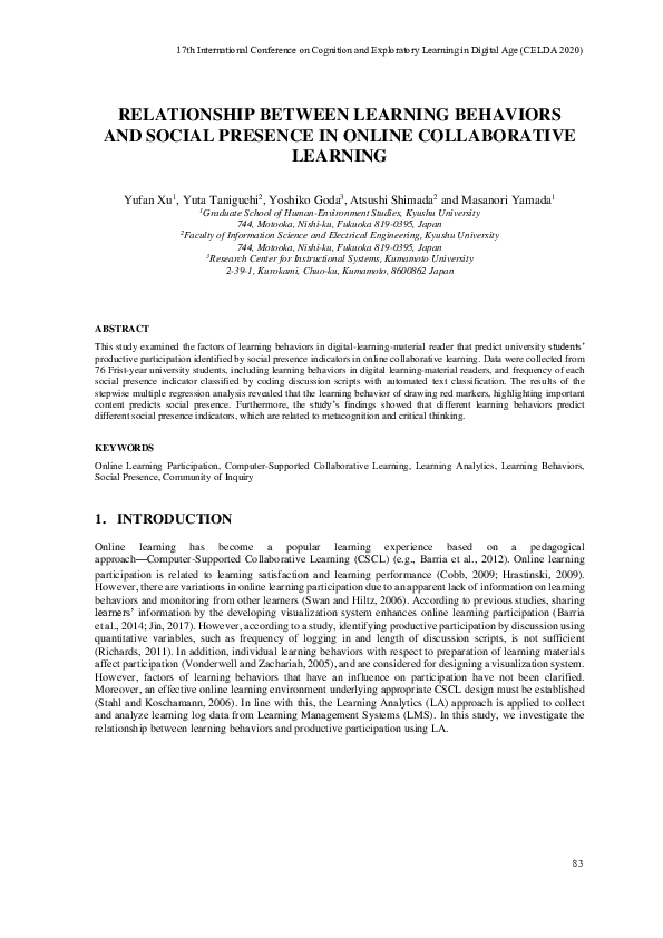 (PDF) Relationship Between Learning Behaviors and Social Presence in ...