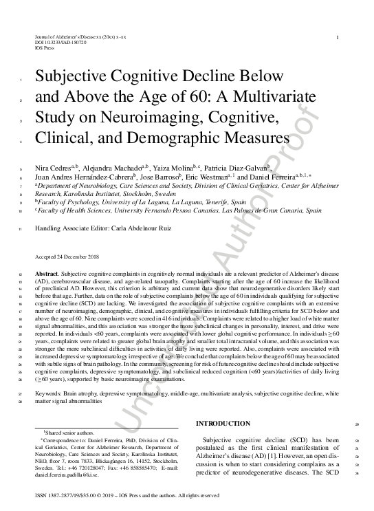 (PDF) Subjective Cognitive Decline Below and Above the Age of 60: A ...