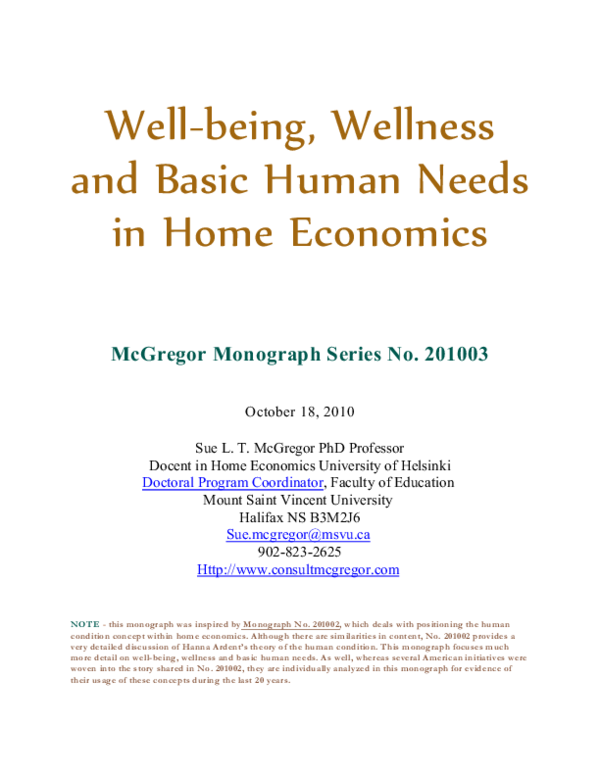 (PDF) Well-being , Wellness and Basic Human Needs in Home Economics