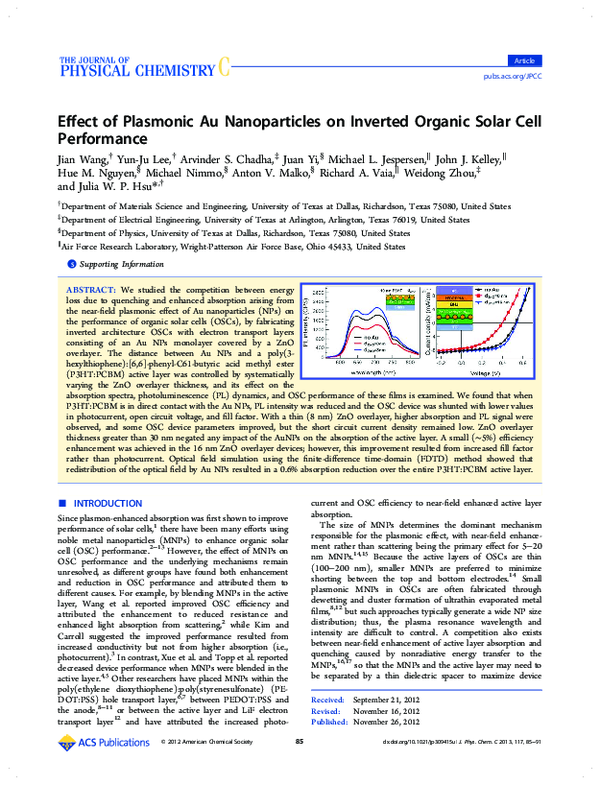 (PDF) Effect of Plasmonic Au Nanoparticles on Inverted Organic Solar ...