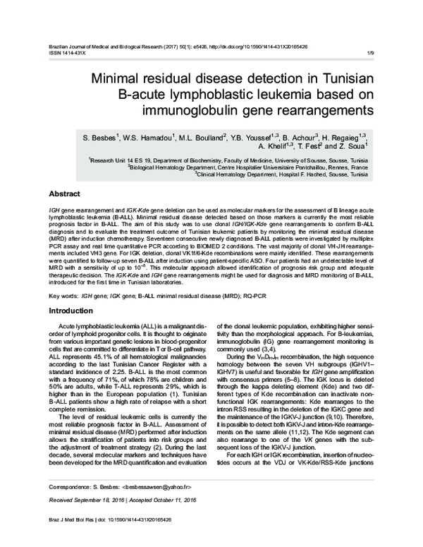 (PDF) Minimal residual disease detection in Tunisian B-acute ...