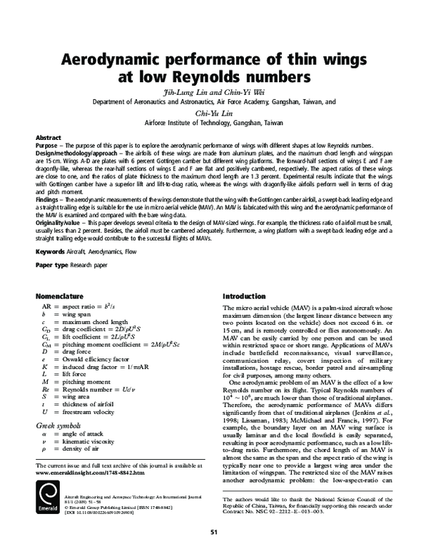 (PDF) Aerodynamic performance of thin wings at low Reynolds numbers