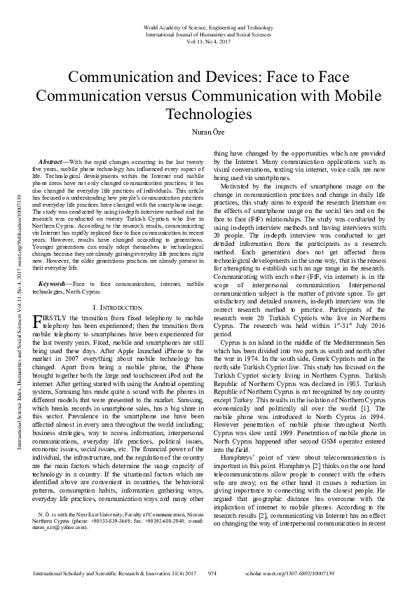 (PDF) Communication And Devices Face To Face Communication Versus