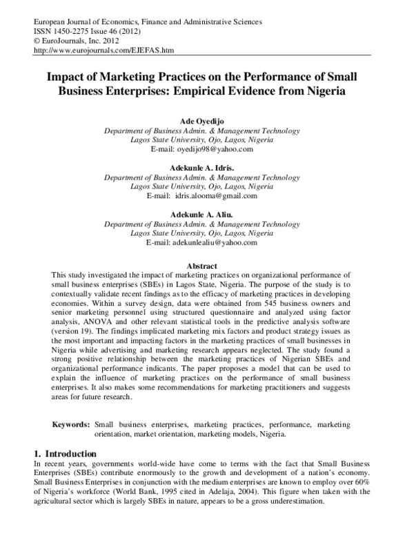 (PDF) Impact of Marketing Practices on the Performance of Small ...